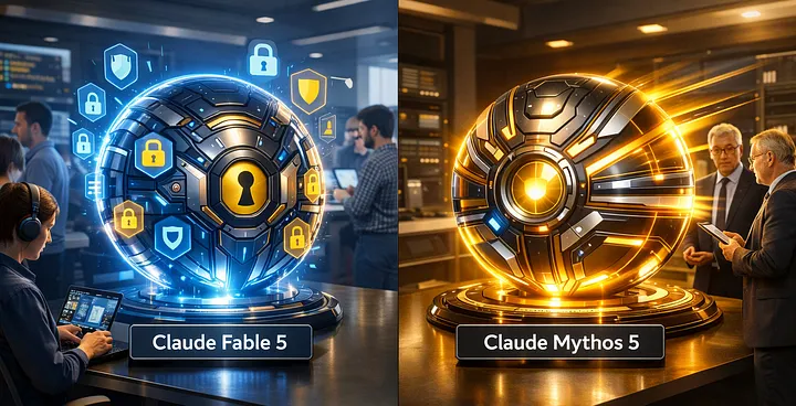 Side-by-side comparison of Claude Fable 5, shown as a blue-lit sphere used on a laptop in an open office, and Claude Mythos 5, shown as a gold-lit sphere presented in a secure server room to executives