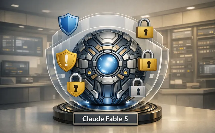 Claude Fable 5 rendered as a glowing orb behind a glass shield, surrounded by warning, lock, and key icons representing its built-in safety restrictions