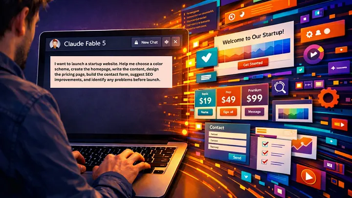 A person typing the complex startup-website request into Claude Fable 5 in a laptop chat window, with the generated homepage, pricing tiers, and contact form mockups appearing beside it