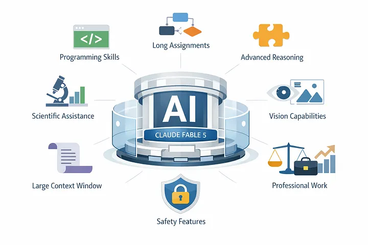 Wheel diagram of Claude Fable 5's eight key features: programming skills, long assignments, advanced reasoning, vision capabilities, professional work, safety features, large context window, and scientific assistance