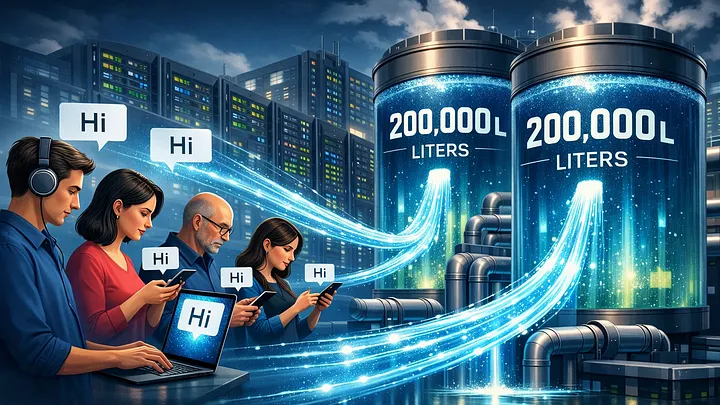 Illustration of four people sending "Hi" messages from their phones and laptop toward two large tanks labeled "200,000 liters", representing the water consumed cooling servers for millions of casual AI greetings