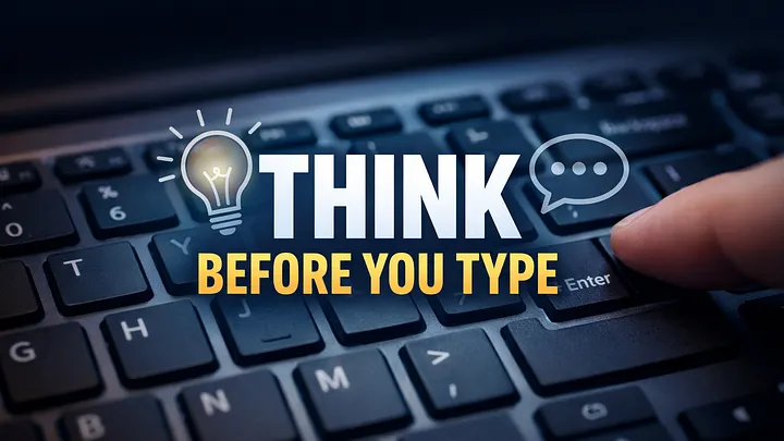 Text reading "Think Before You Type" overlaid on a close-up of a laptop keyboard with a finger about to press Enter, next to a lightbulb and speech-bubble icon