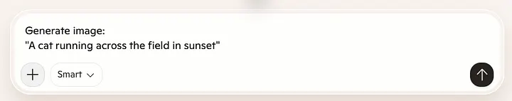 A prompt input box showing the text "Generate image: A cat running across the field in sunset" being typed into an AI image generator