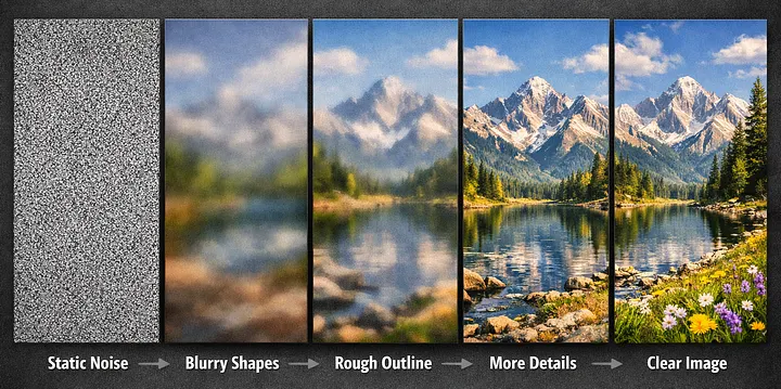 Five-panel progression showing an image transforming from static noise to blurry shapes to a rough outline to more details to a clear mountain landscape photo