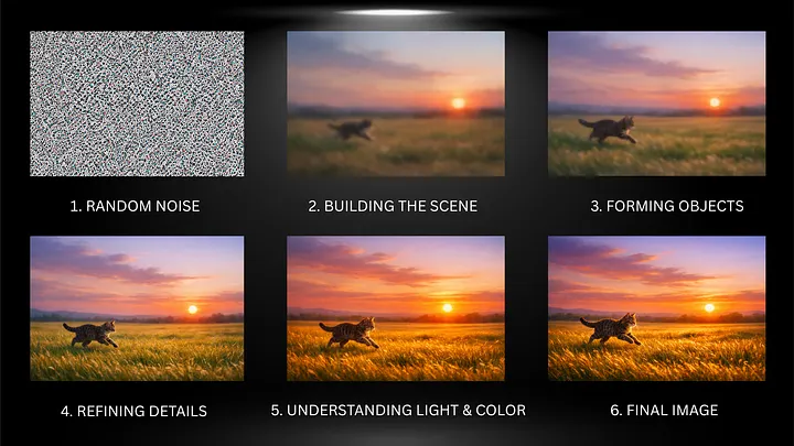 Six-panel grid showing the AI image generation process for a cat in a sunset field: random noise, building the scene, forming objects, refining details, understanding light and color, and the final image