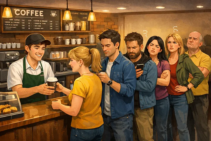 Illustration of a coffee shop with one barista serving a customer at the counter while five more customers wait in line, some visibly impatient