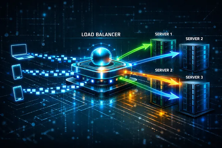 Diagram showing a laptop, phone, and tablet sending requests through a load balancer that routes them across three backend servers